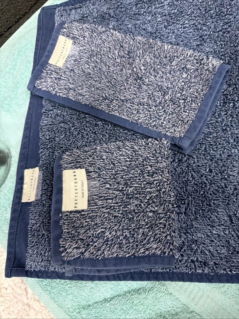 Pottery Barn (2) 11”x11” (1) 19.5”W x28”L Navy Blue Plush Terry Hand Towel